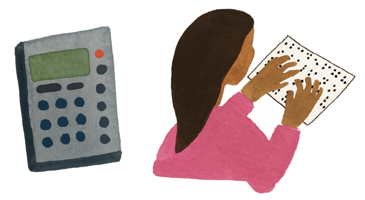 Illustration drawings of a calculator and a girl reading Braille.