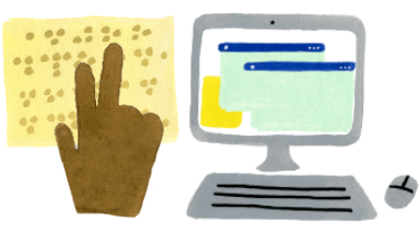 Two icon illustrations including a hand tracing over braille and a desktop computer with browsers opened on the screen and a mouse sitting next to the keyboard.