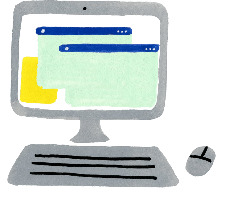 Icon illustration of a desktop computer with browsers opened on the screen and a mouse sitting next to the keyboard.