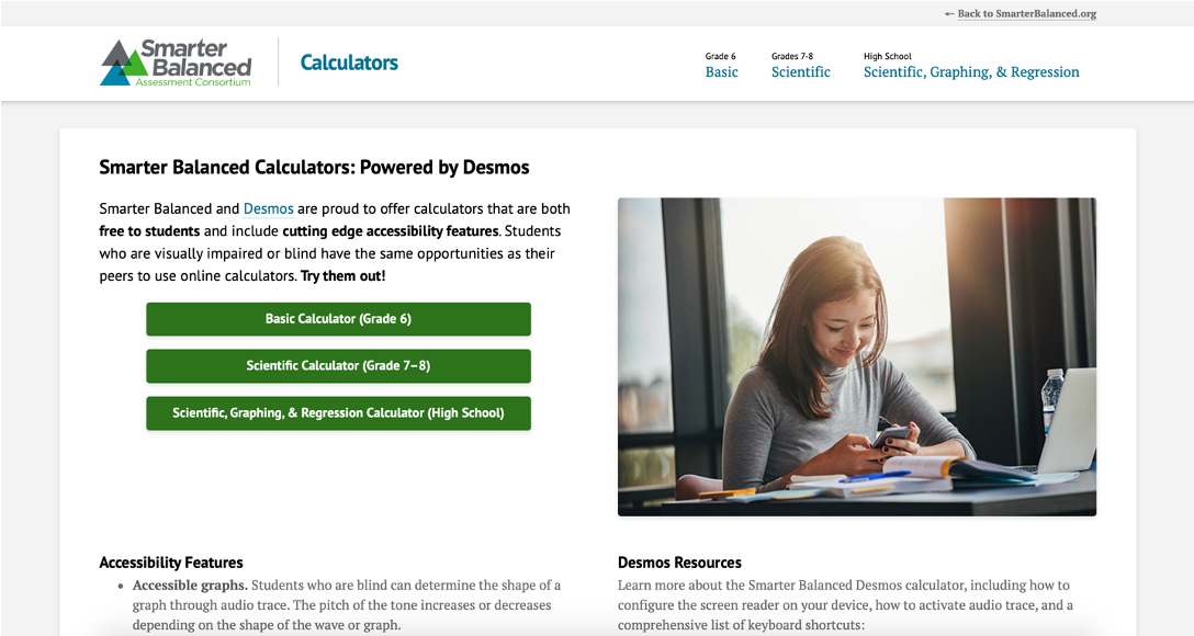 Screenshot of the homepage of the Calculators website, which features the Smarter Balanced Desmos calculators.