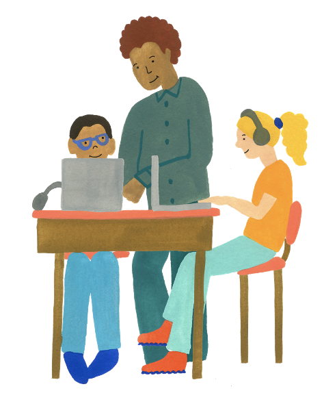 Illustrated drawing of a teacher standing between two students working from computers at a table. The teacher is working with the student on the left, while the student on the right wears handphones.