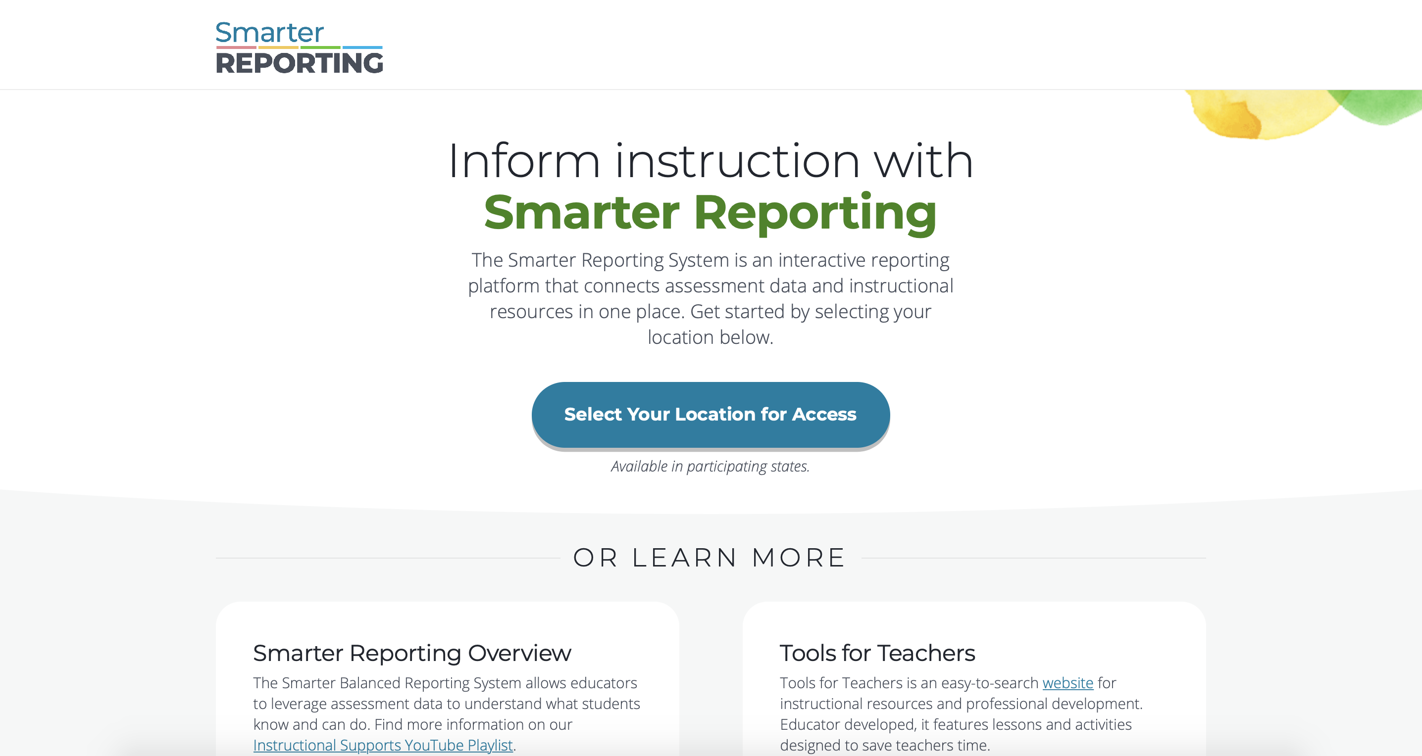 Screenshot of the homepage of the Smarter Balanced Reporting System website.