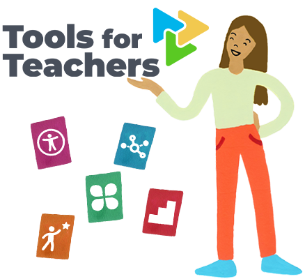 Illustration of teacher standing next to Tools for Teachers website logo. Icons representing professional development, accessibility, the formative assessment process, and connections playlists float nearby.