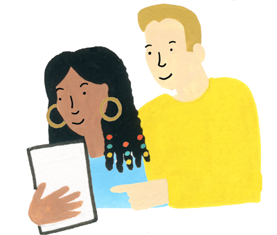 Illustration drawing of two adults looking looking at a tablet.