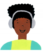 Illustration drawing of student wearing headphones.