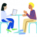 Illustration drawing of parent and teacher sitting at a table talking about the Smarter Balanced Parent Guide.