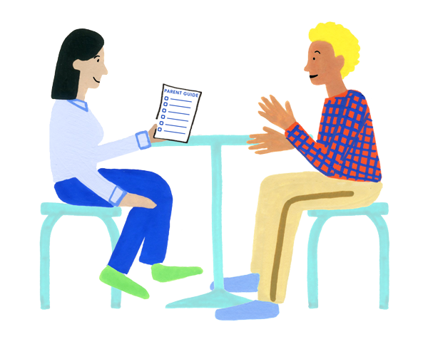 Illustration drawing of parent and teacher sitting at a table talking about the Smarter Balanced Parent Guide.