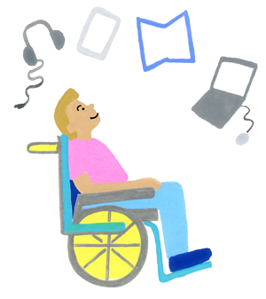 Illustration drawing of a student in a wheelchair looking up at accessibility resources including headphones, a tablet, an open book, and a computer with a mouse.