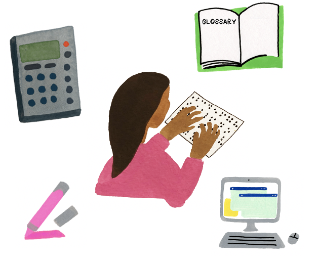 Icon illustrations of the Smarter Balanced accessibility resources surrounding a girl reading Braille including a pink highlighter, computer, calculator, and book open with the word glossary on the left page.