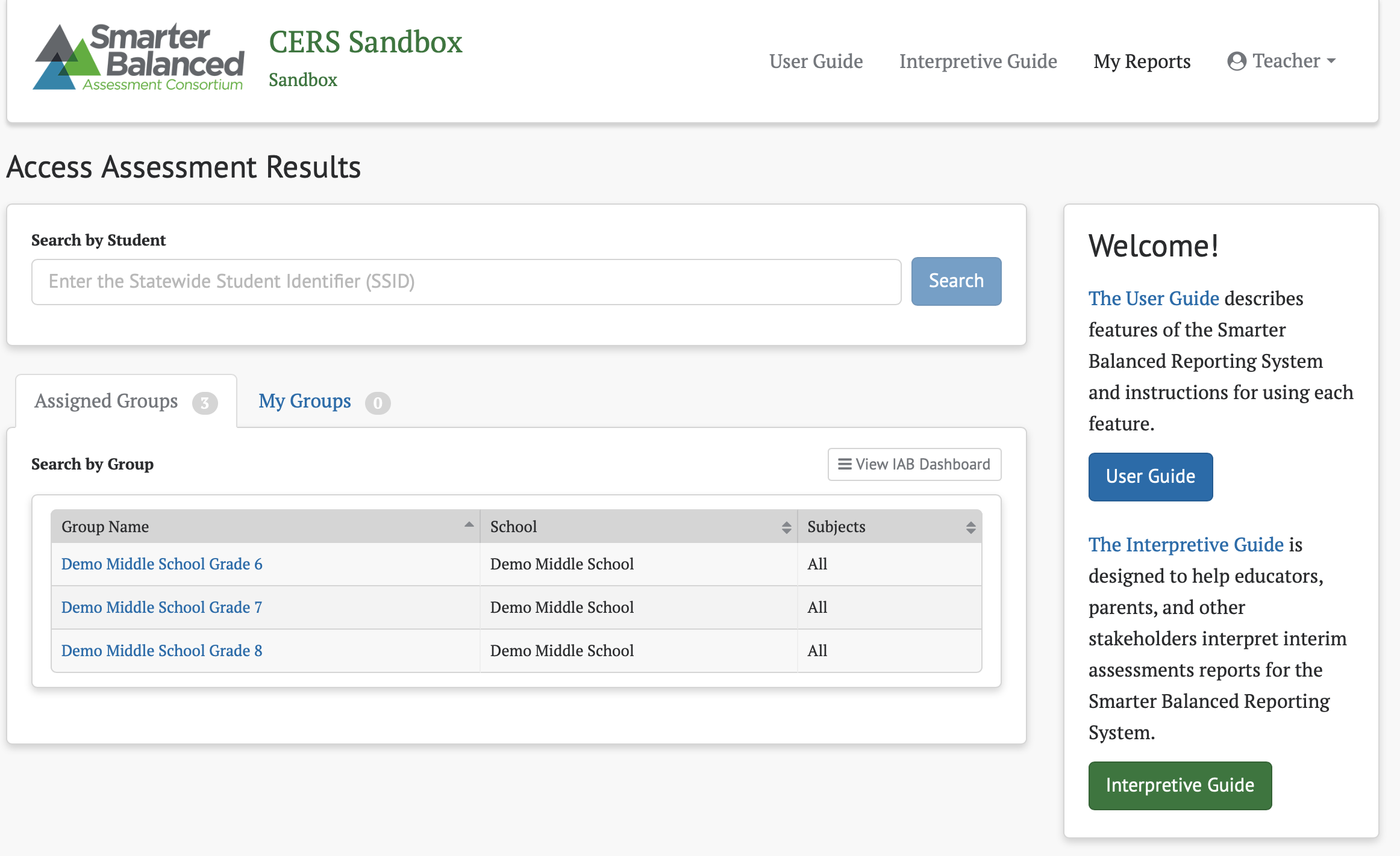Screenshot from the Smarter Balanced CERS Sandbox site.