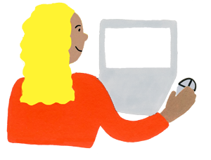 Illustration drawing of a woman looking at a computer screen and using a mouse to navigate.