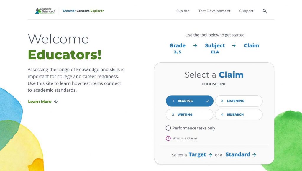 Home page of the Smarter Content Explorer web site includes a "Welcome Educators" message and a menu to select grade, subject, claim, target, and standard.