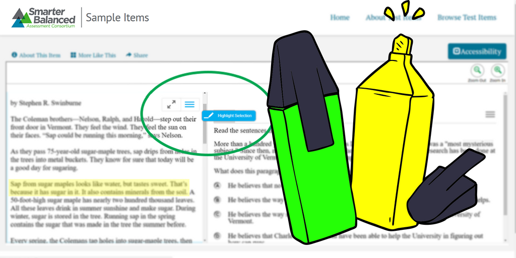 The highlighter is a universal test tool available on interim assessments, the summative test, and practice tests.