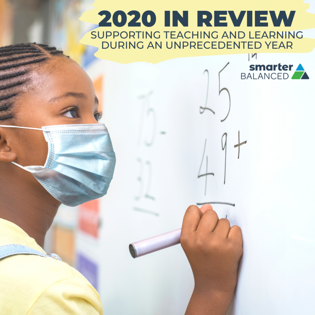 A student wearing a mask calculates equations on a large white board. Text reads: "2020 in Review: Supporting Teaching and Learning During and Unprecedented Year"