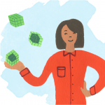 A teacher stands with a hand on her hip while green blocks float above her open hand, each depicting a different type of interim assessment from smallest quantity of knowledge assessed to largest.