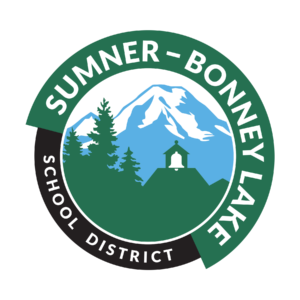 Sumner-Bonney Lake School District logo featuring mountain, trees, and a bell in the center