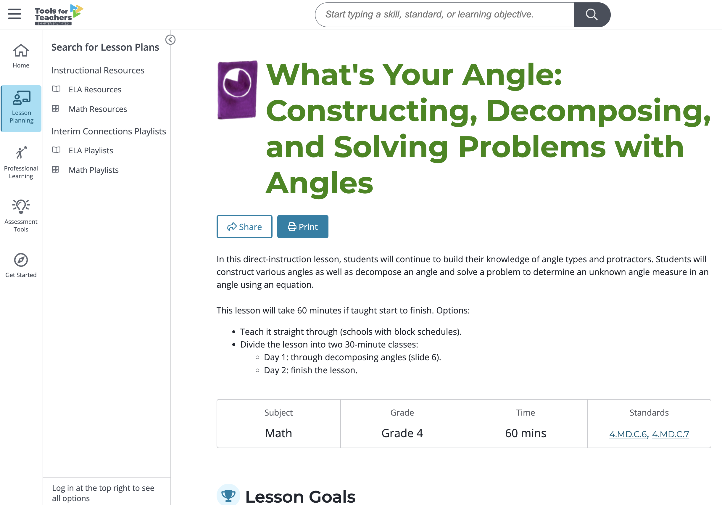 Screenshot of What's Your Angle lesson in Tools for Teachers