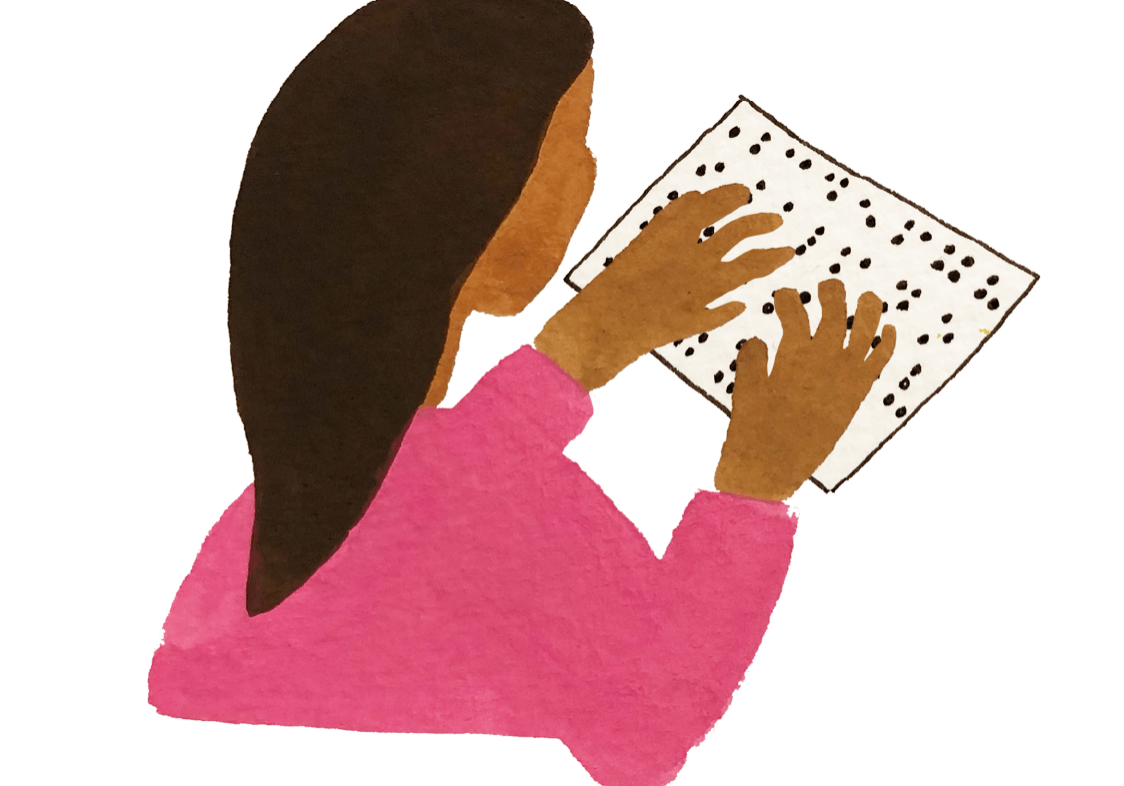 Illustration drawing of a girl reading Braille.