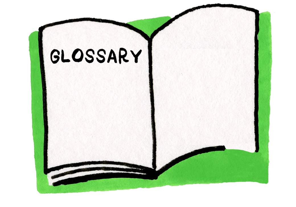 Icon illustration of an open book with the word "Glossary" featured on the left page.